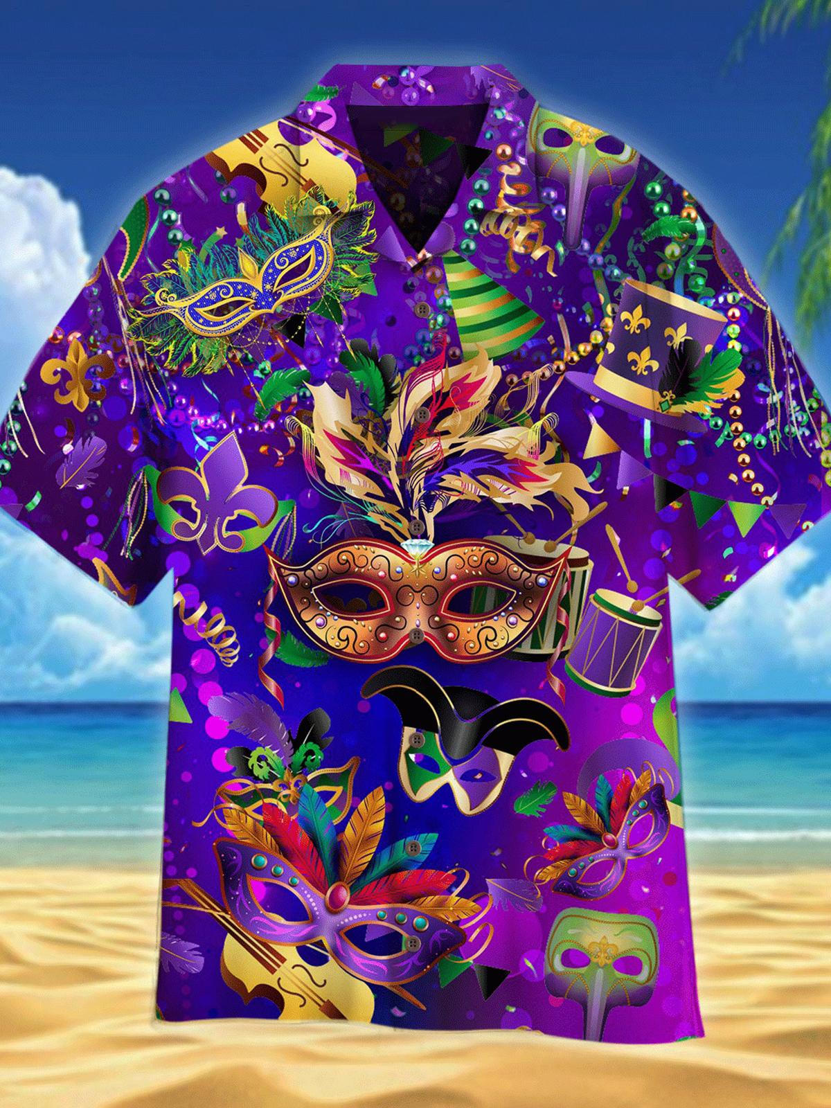 Mardi Gras Mask Hawaiian Men's Cuban Collar Short Sleeve Shirt