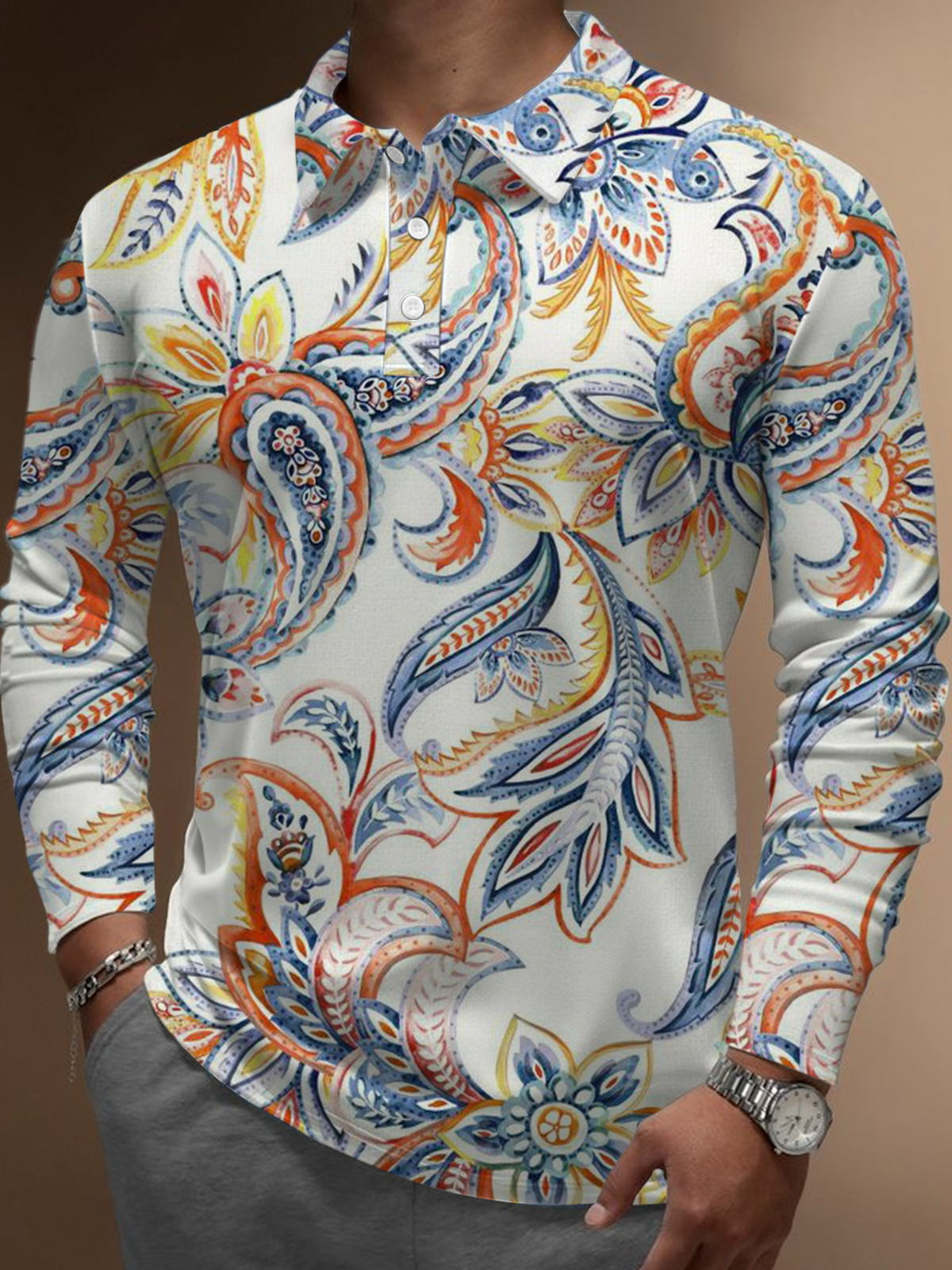 Retro Ethnic Print Men's Long Sleeve Button Polo