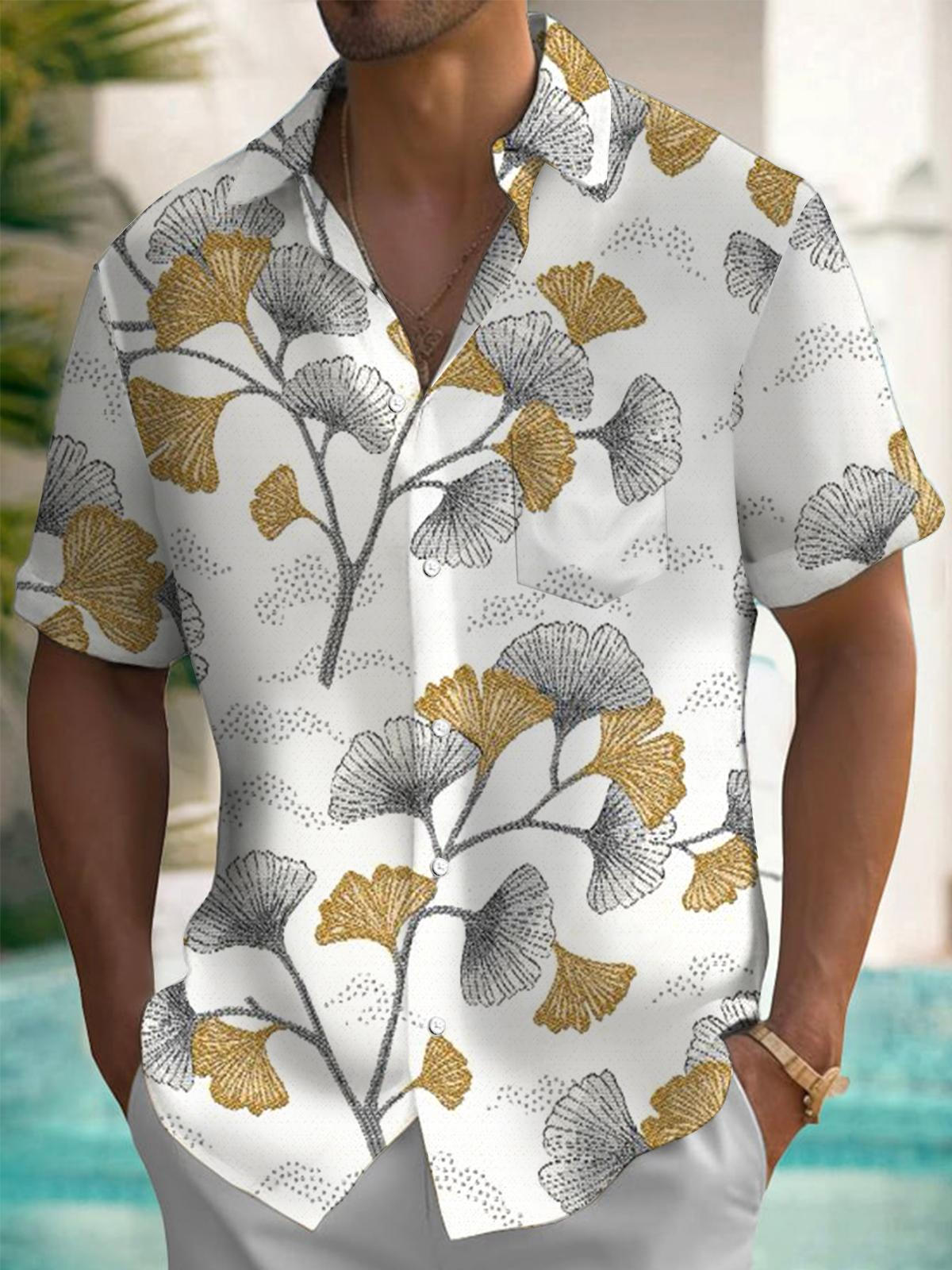 Ginkgo Leaf Print Short Sleeve Men's Shirts With Pocket