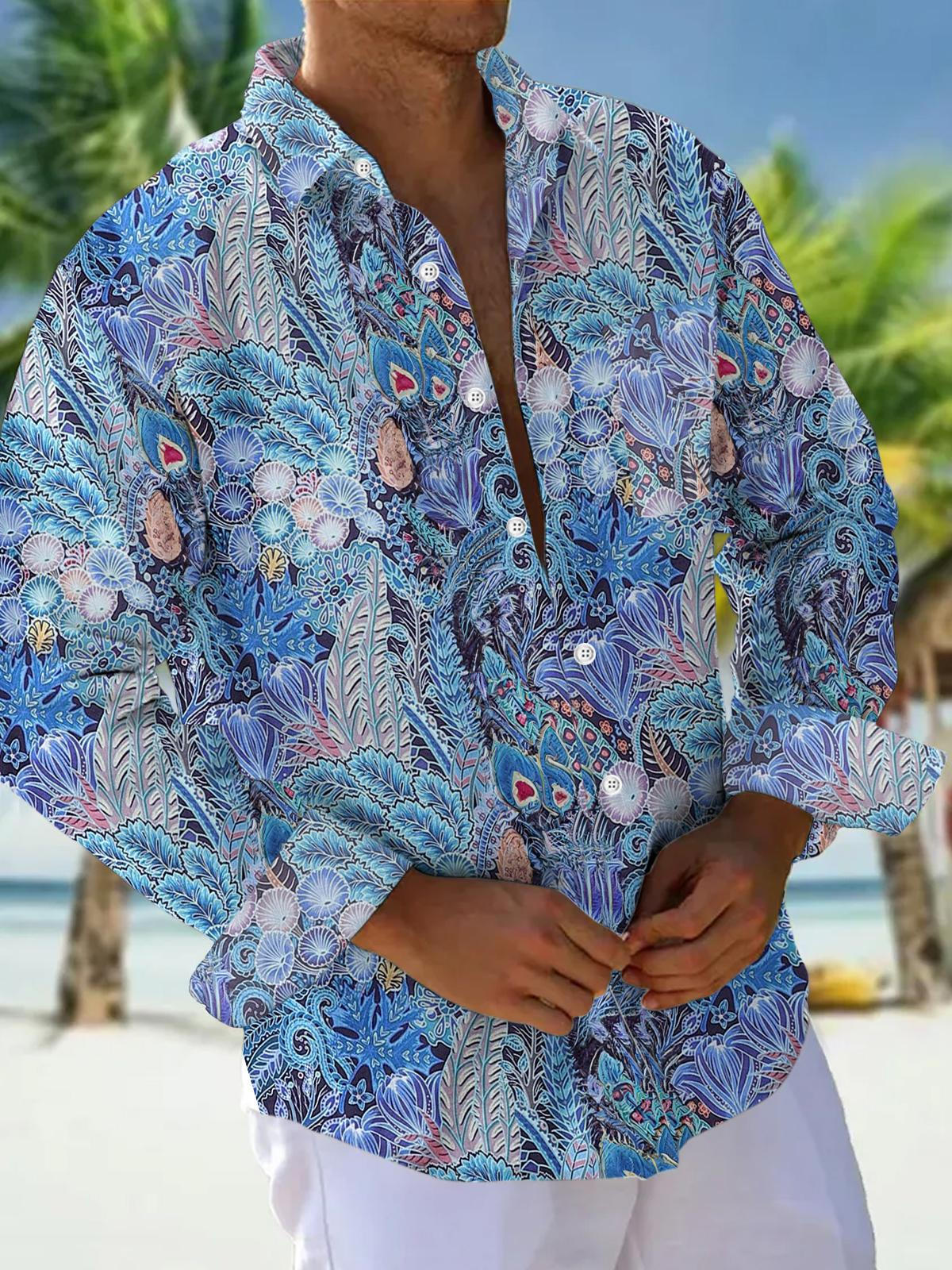 Floral Print Long Sleeve Men's Shirts With Pocket