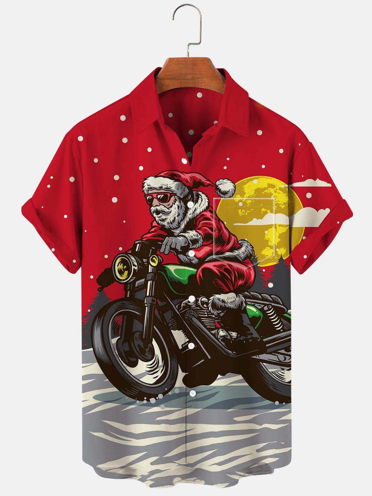 Weihnachtsmann-Motorrad-Kurzarm-Herrenhemden mit Tasche