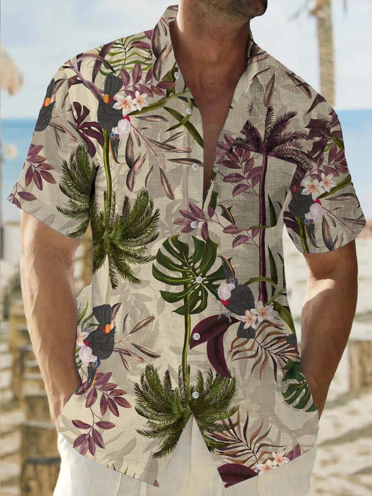 Parrot Coconut Tree Short Sleeve Men's Shirts With Pocket