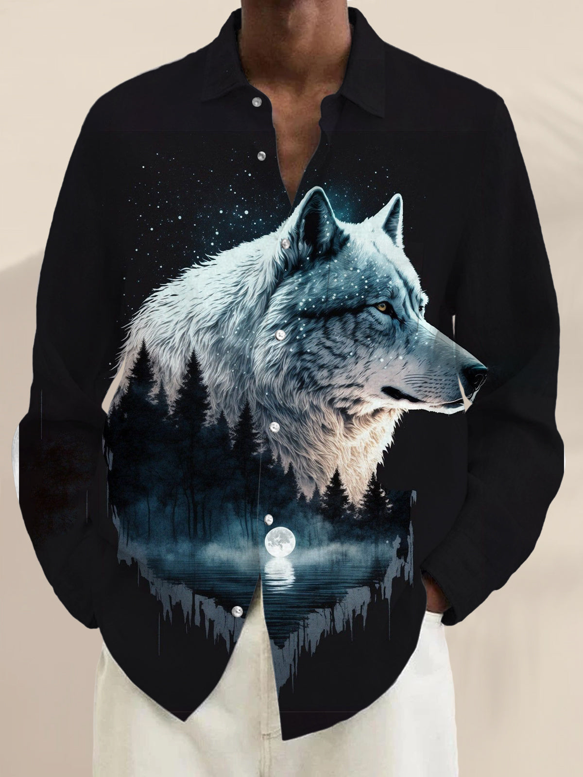 Men's Forest Wolf Print Long Sleeve Lapel Shirt