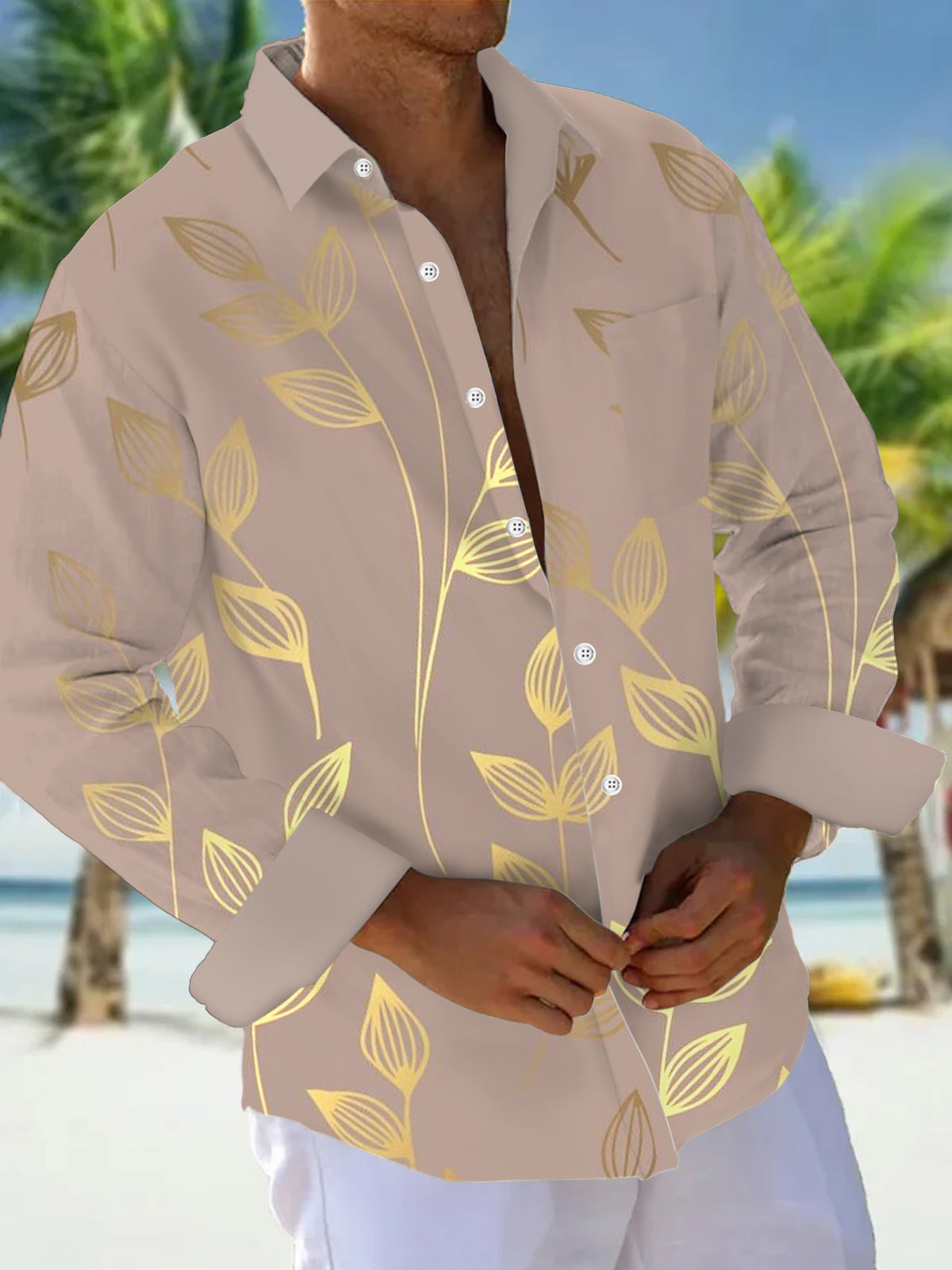 Leaf Long Sleeve Men's Shirts With Pocket