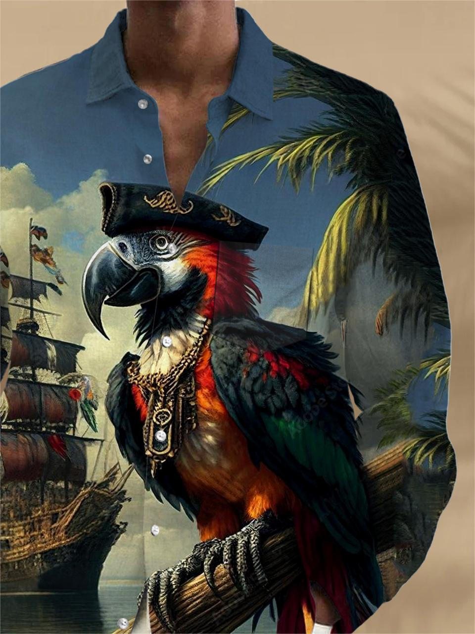 Captain Parrot Langarm Herrenhemden mit Tasche