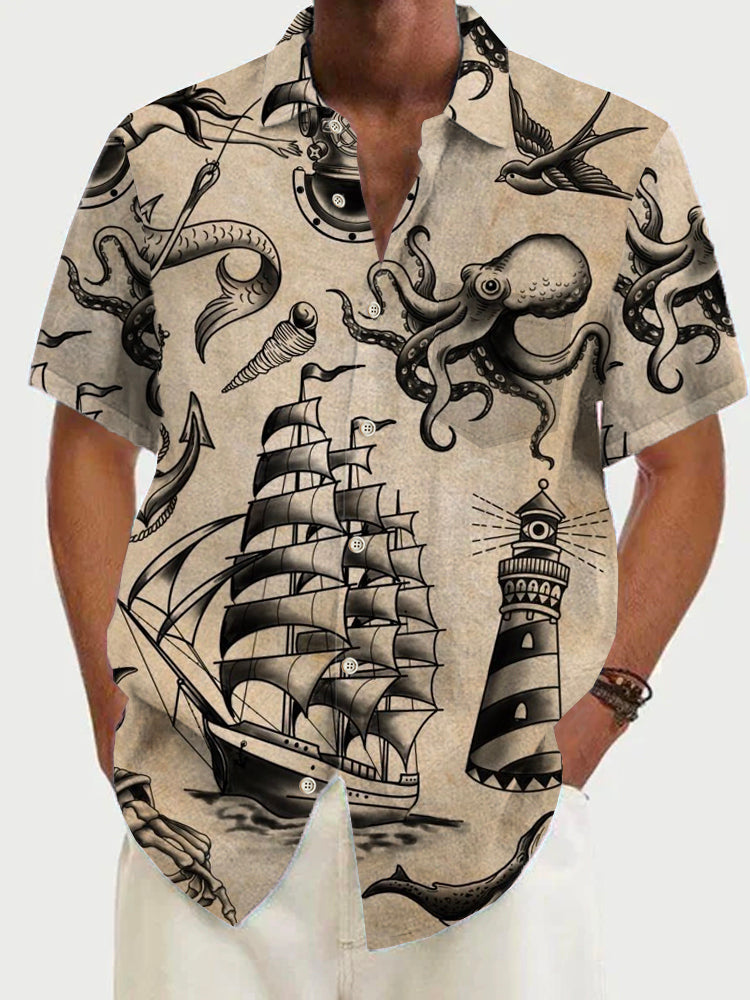 Pirate Octopus Retro Short Sleeve Men's Shirts With Pocket