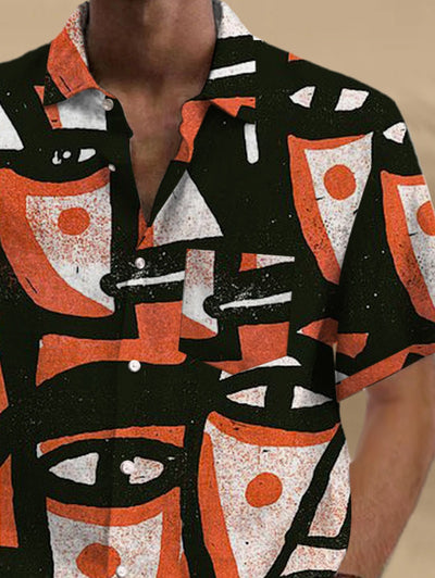 Abstract Face Print Short Sleeve Men's Shirts With Pocket