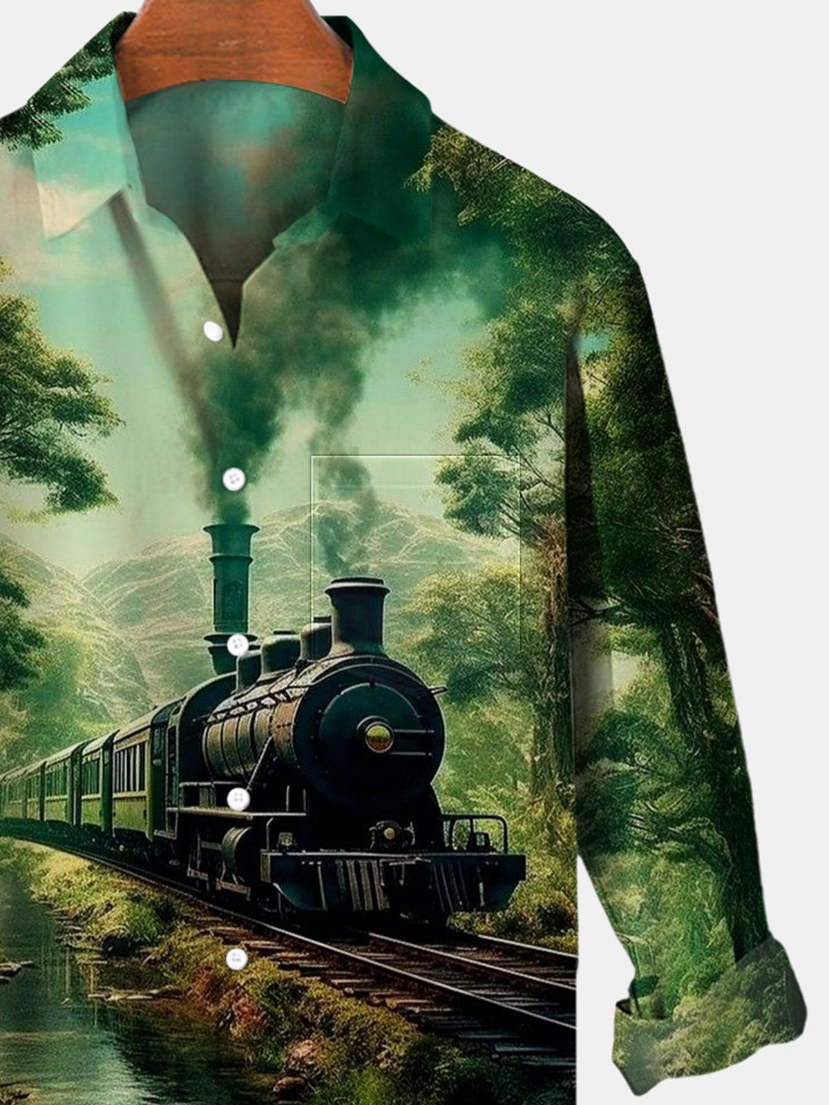 Travel Train Forest Langarm Herrenhemden mit Tasche