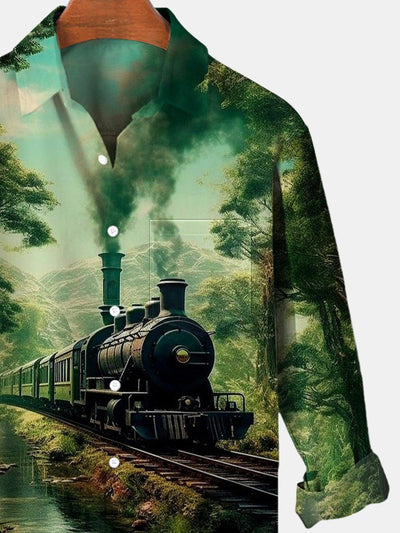 Travel Train Forest Langarm Herrenhemden mit Tasche