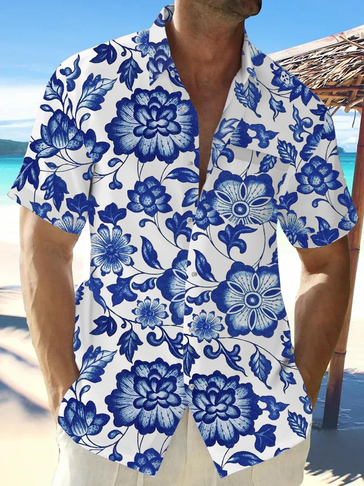 Flower Short Sleeve Men's Shirts With Pocket