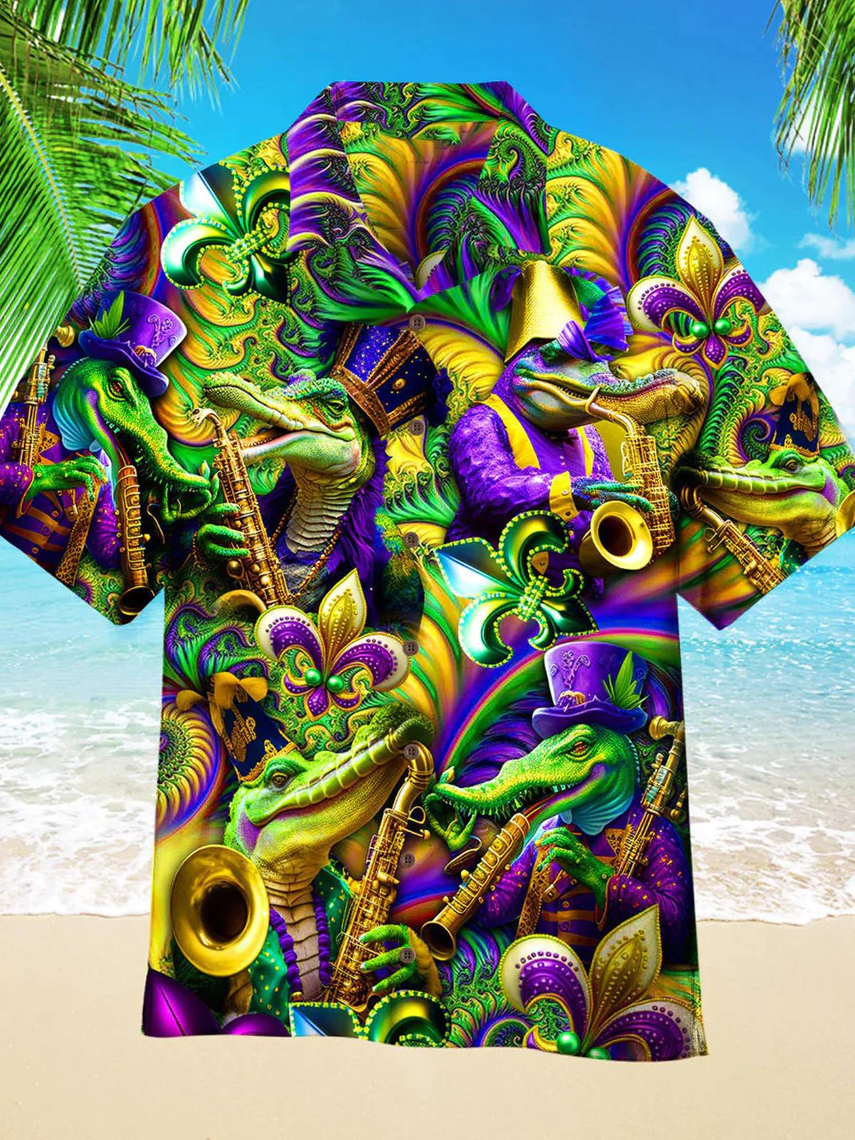 Mardi Gras Hawaiian Men's Cuban Collar Short Sleeve Shirt