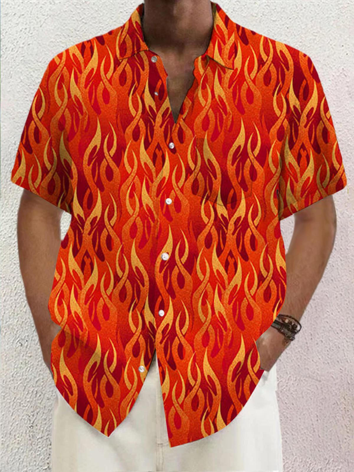 Flame Print Short Sleeve Men's Shirts With Pocket