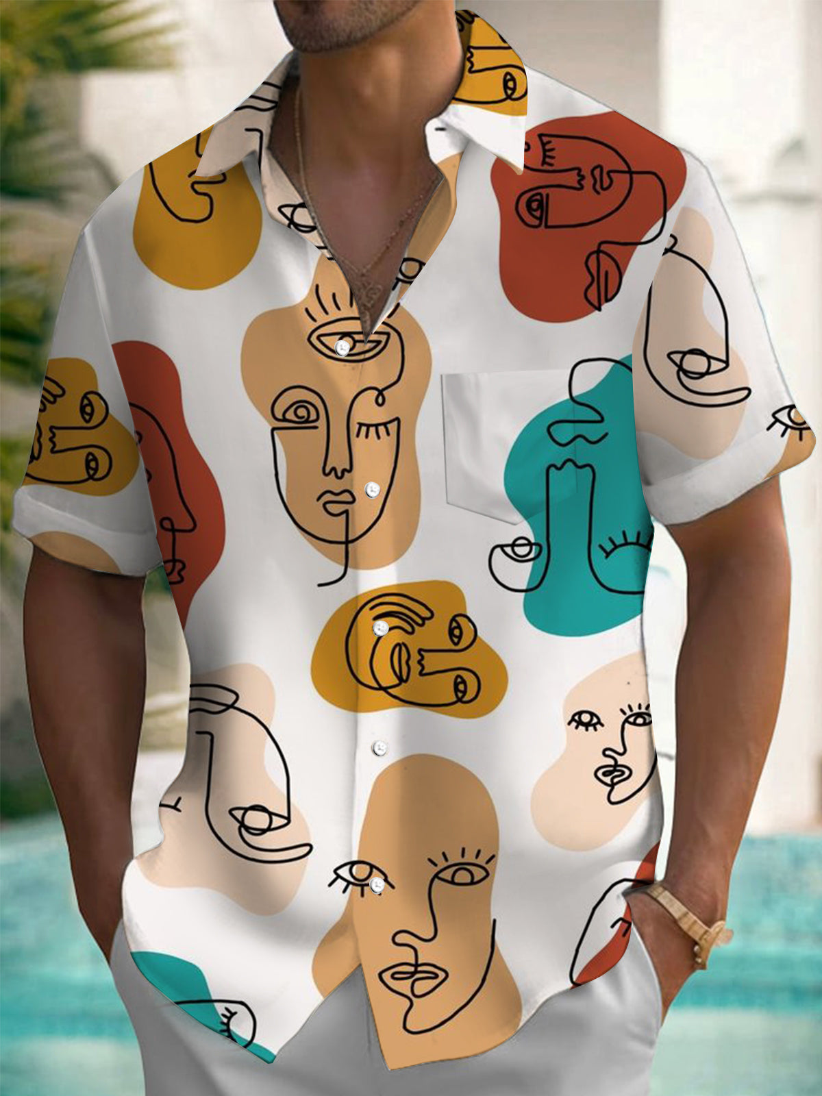 Abstract Face Print Short Sleeve Men's Shirts With Pocket