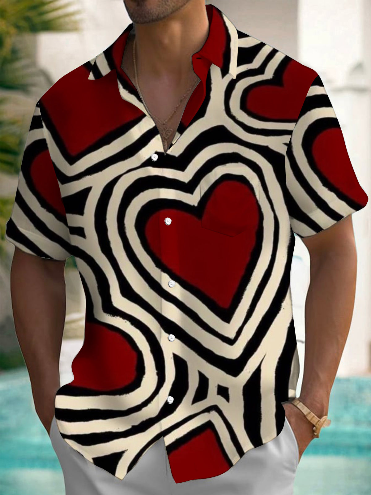 Valentine's Day Love Print Short Sleeve Men's Shirts With Pocket