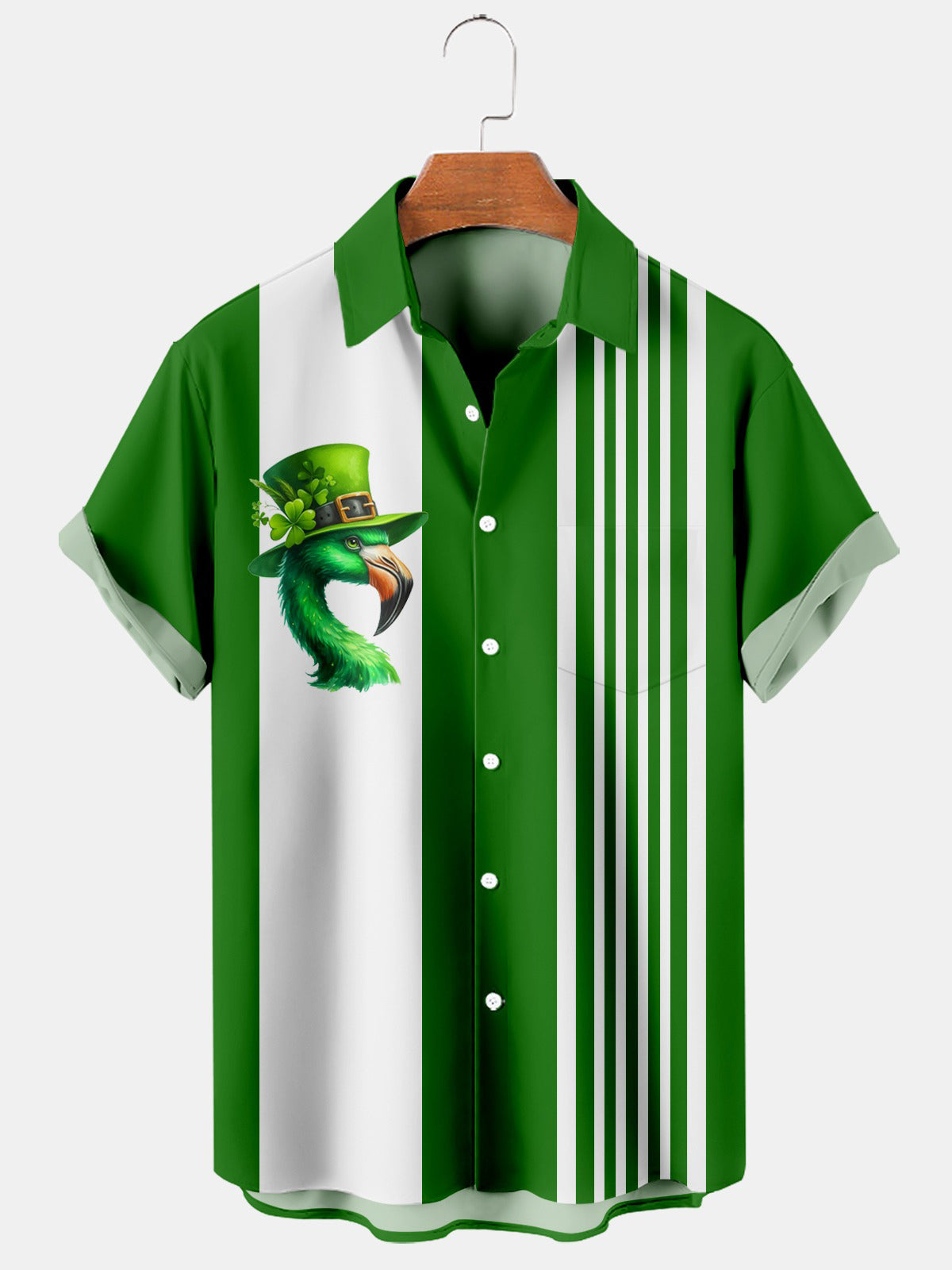 St. Patrick’s Day Clover Parrot Stripe Short Sleeve Men's Shirts With Pocket