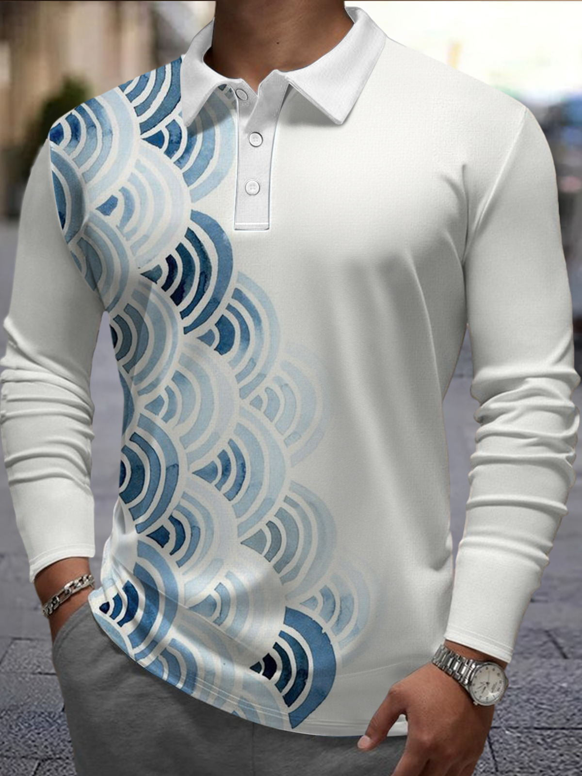 Geometric Print Men's Long Sleeve Button Polo