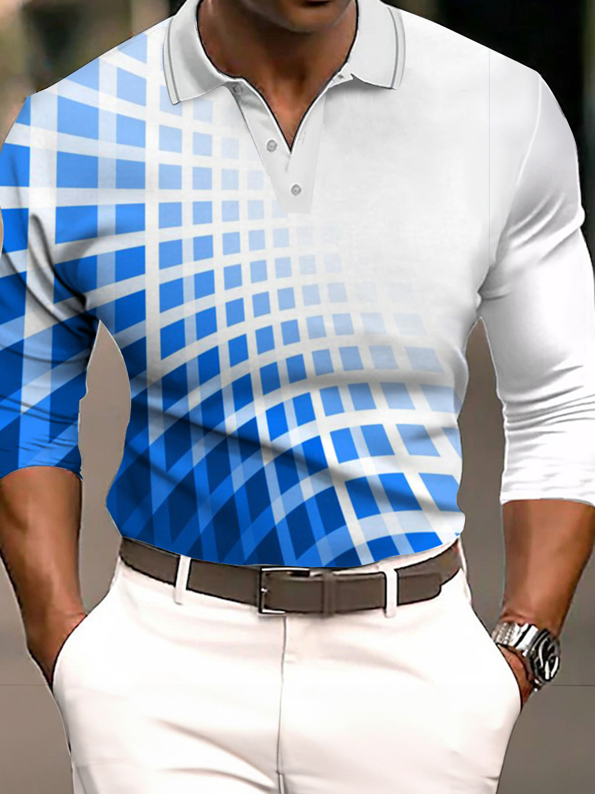 Geometric Gradient Print Men's Long Sleeve Button Polo