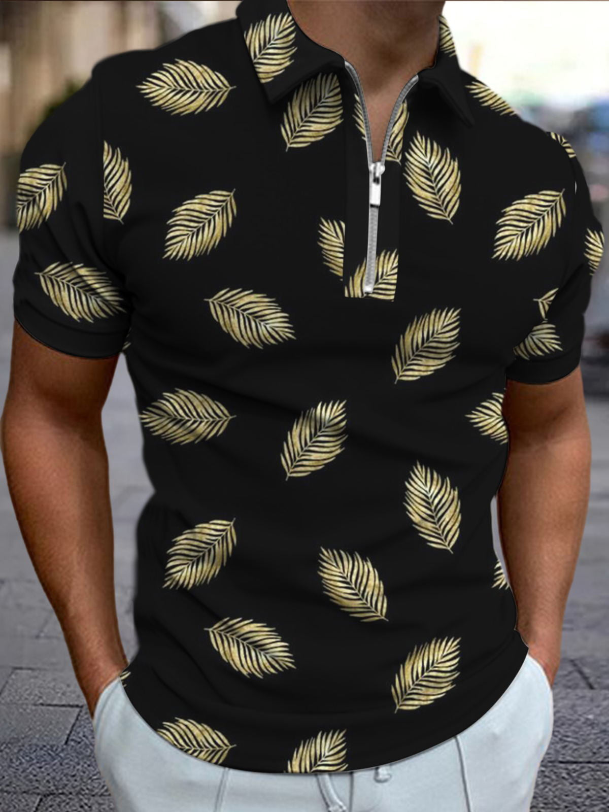 Leaf Print Men's Short Sleeve Zipper Polo