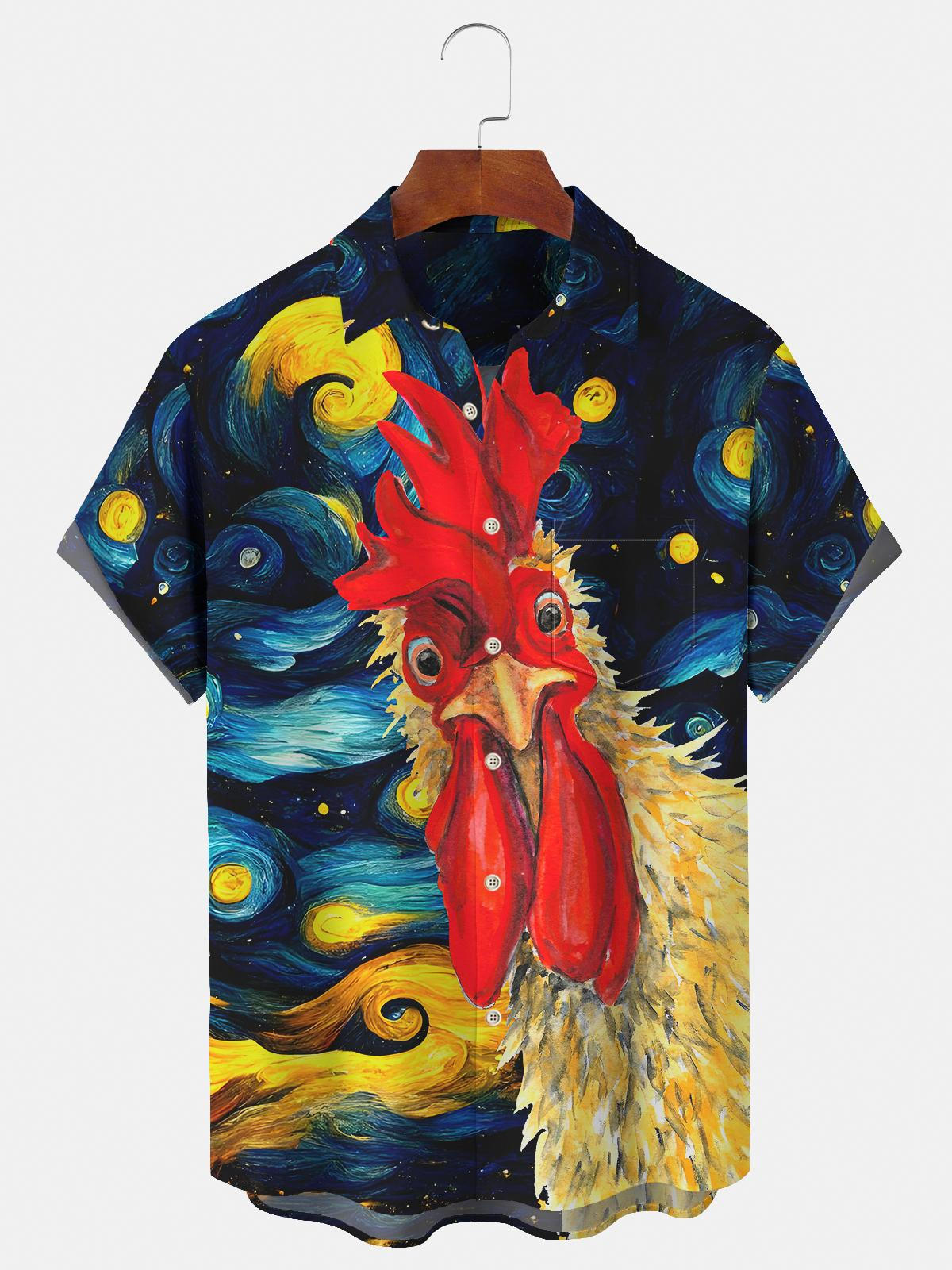 Rooster Art Hawaiian Short Sleeve Men's Shirts With Pocket