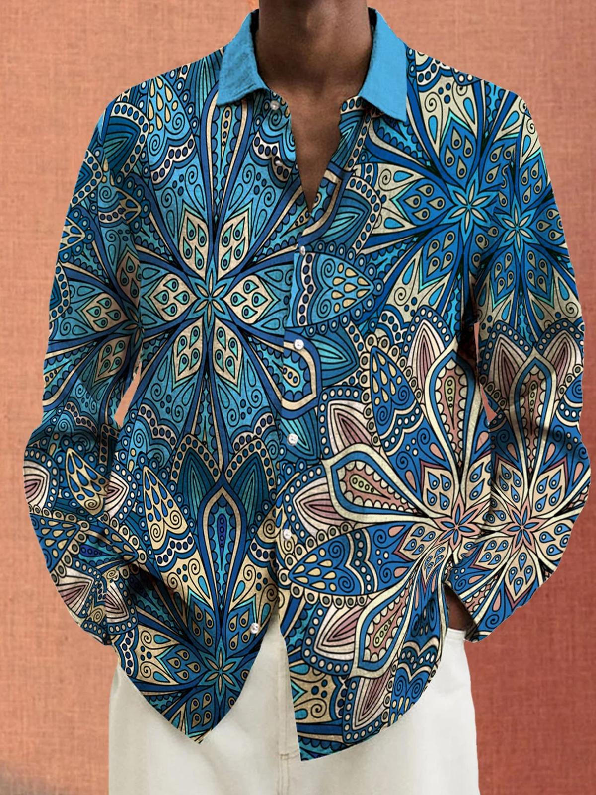 Elegant Pattern Vintage Print Lapel Men's Long Sleeve Shirt