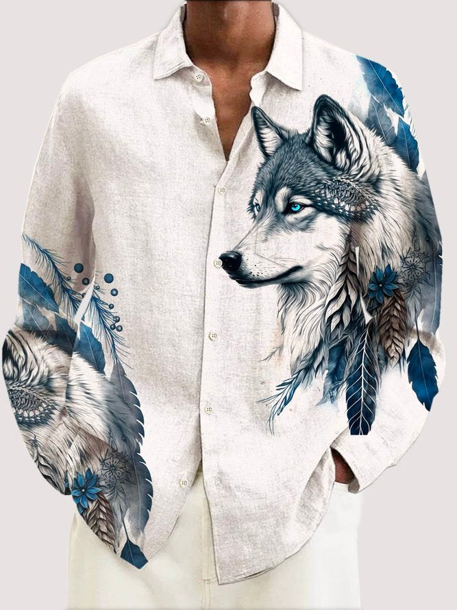 Wolf Ethnic Print Men's Button Pocket Long Sleeve Shirt