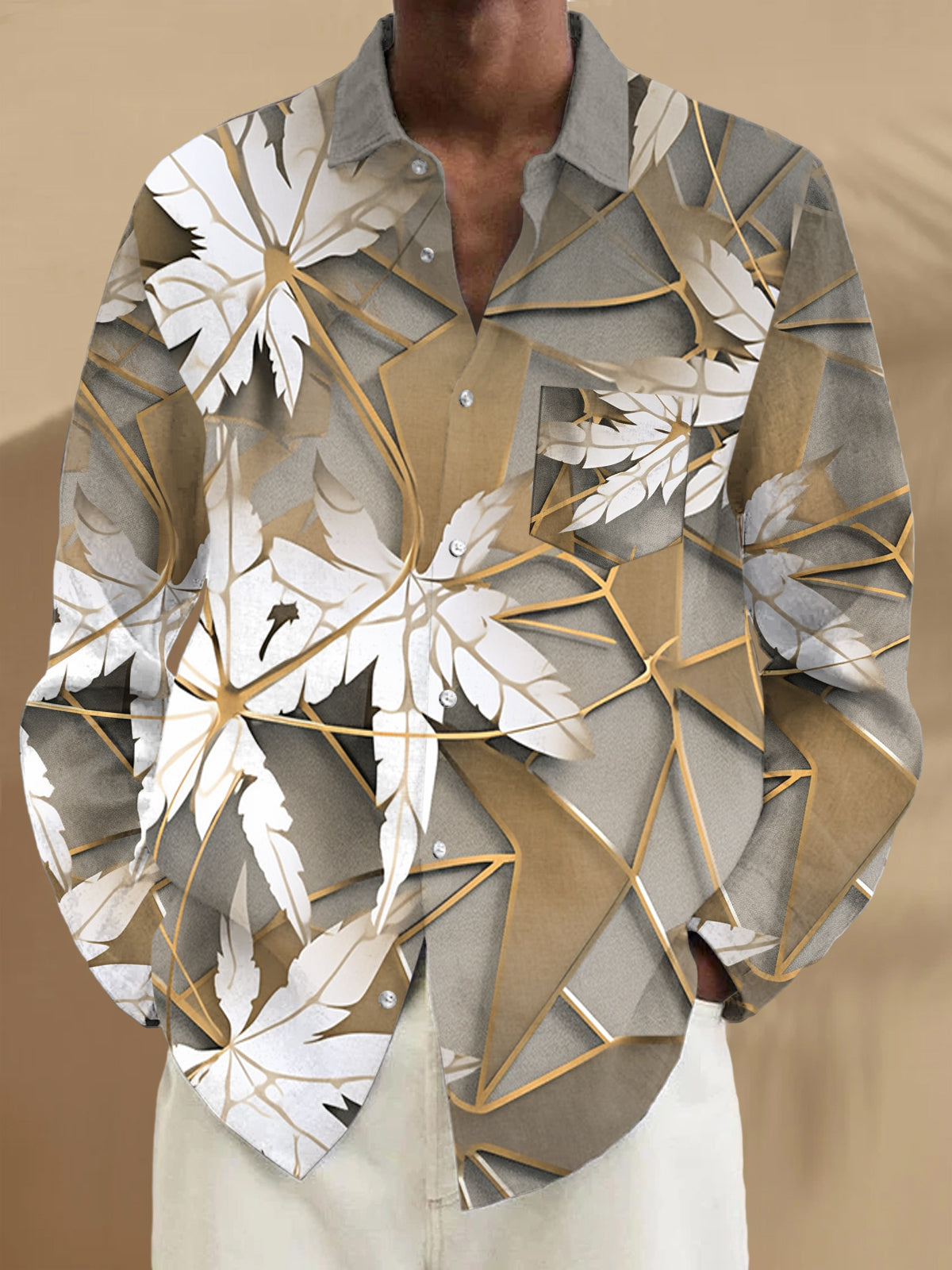 Gold Autumn Leaf Print Lapel Men's Shirt