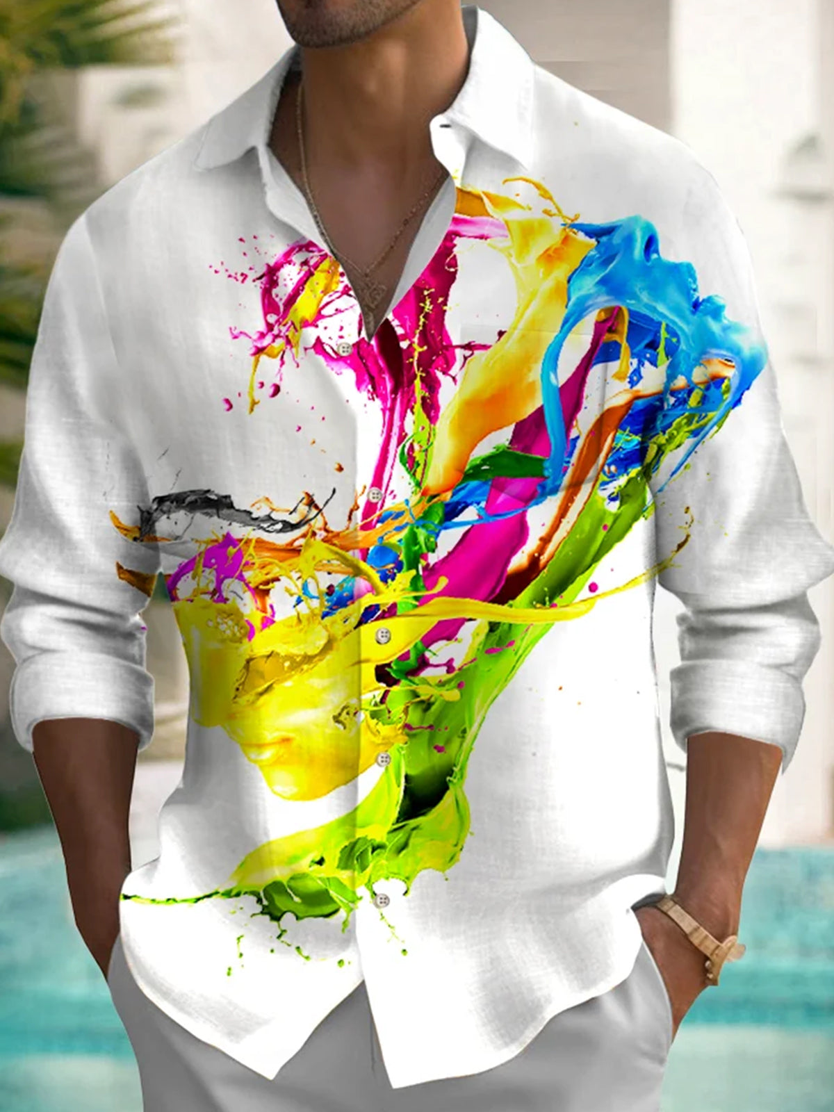 Personalized Art Splash Printing Men's Long-Sleeved Lapel Shirt