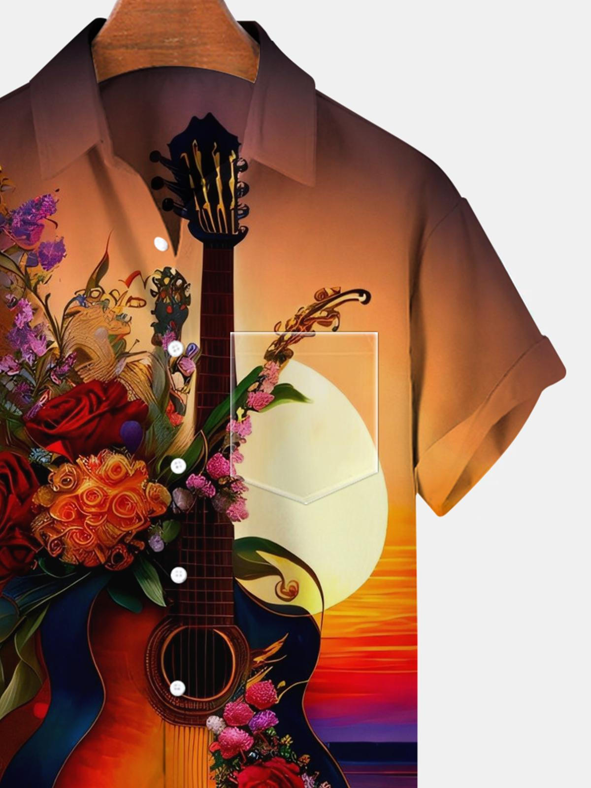 Kurzarmhemden für Herren mit Gitarrenblume und Tasche