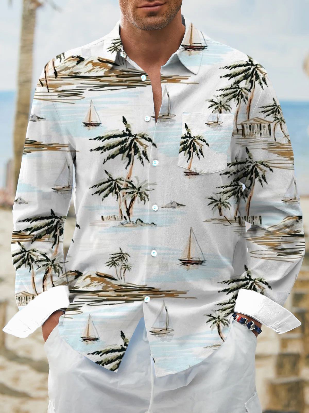 Resort Style Palm Tree Sailboat Print Men's Long-Sleeved Shirt