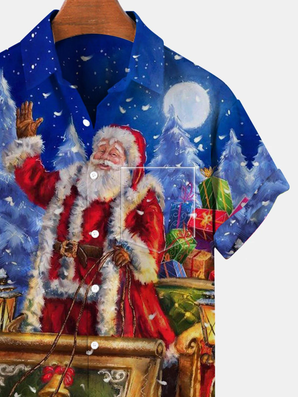 Santa Claus Sleigh Short Sleeve Men's Shirts With Pocket