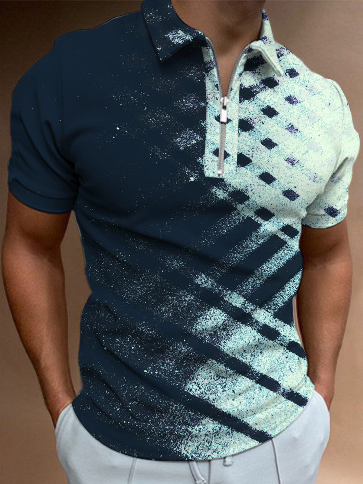 Geometric Print Men's Short Sleeve Zipper Polo