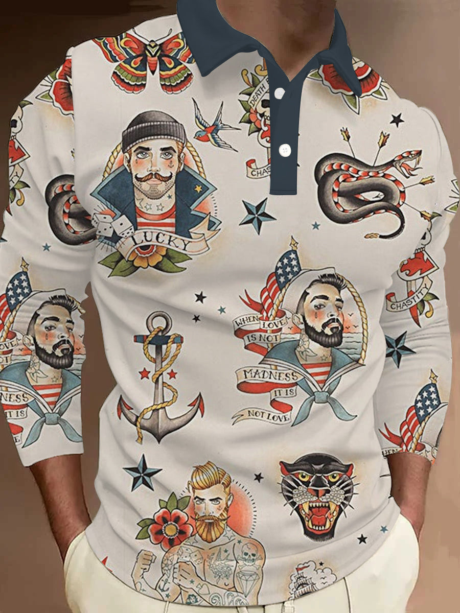 Langärmliges Poloshirt mit Knopfleiste und Vintage-Seemann-Print für Herren