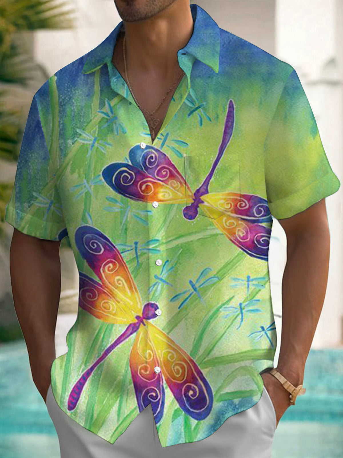 Dragonfly Print Short Sleeve Men's Shirts With Pocket