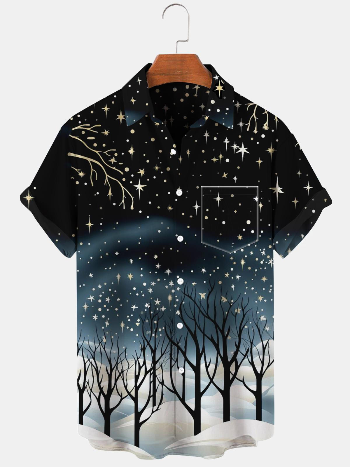 Winter Tree Star Snow Short Sleeve Men's Shirts With Pocket