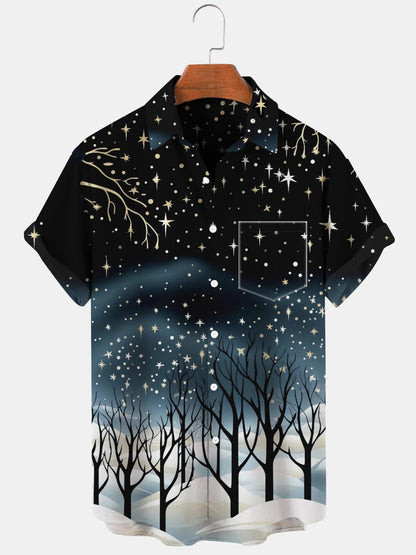 Winter Tree Star Snow Short Sleeve Men's Shirts With Pocket