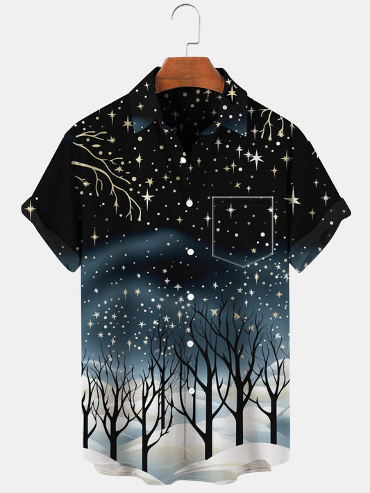 Winter Tree Star Snow Short Sleeve Men's Shirts With Pocket