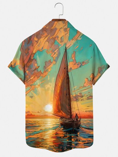 Sea Boat Sunset Herrenhemden mit Tasche