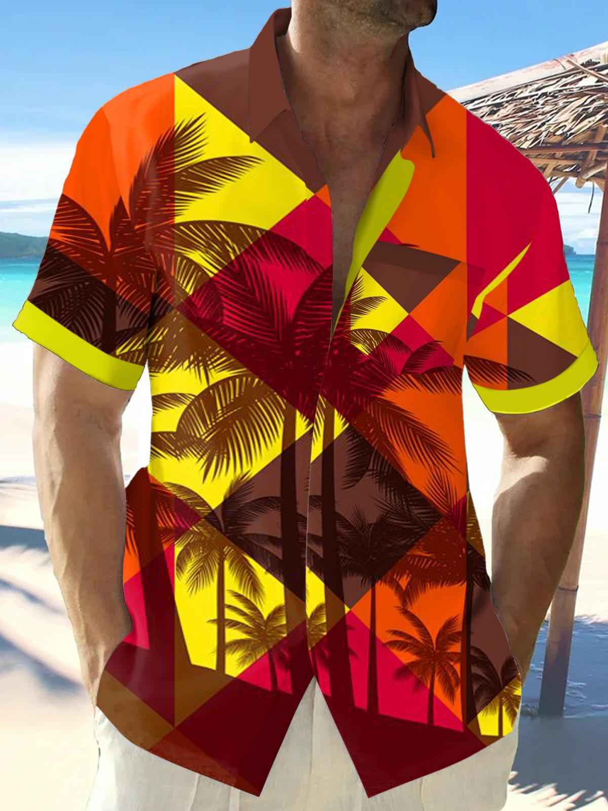 Contrast Check Palm Tree Print Men's Short Sleeve Lapel Shirt