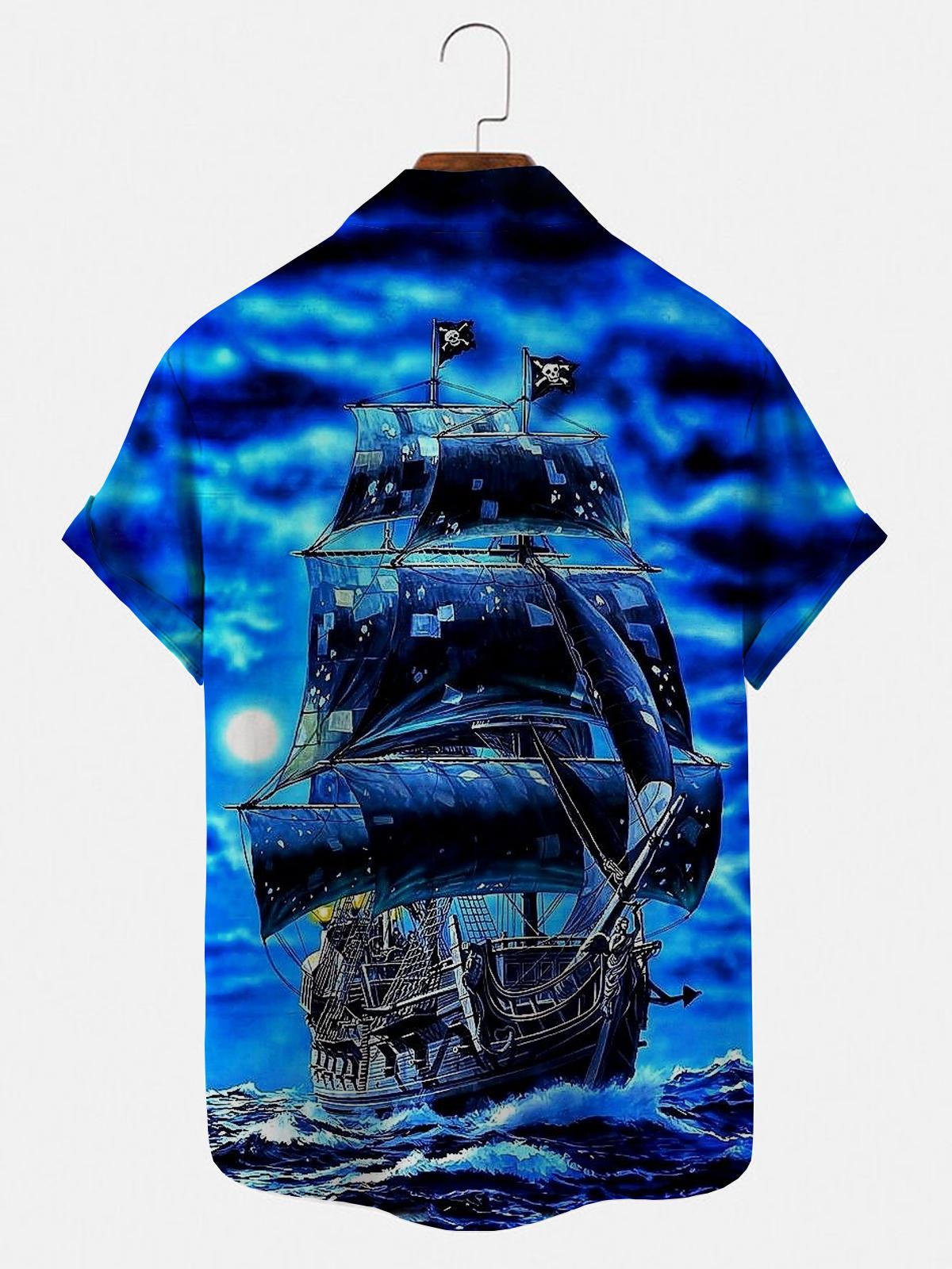 Skull Boat Short Sleeve Men's Shirts With Pocket