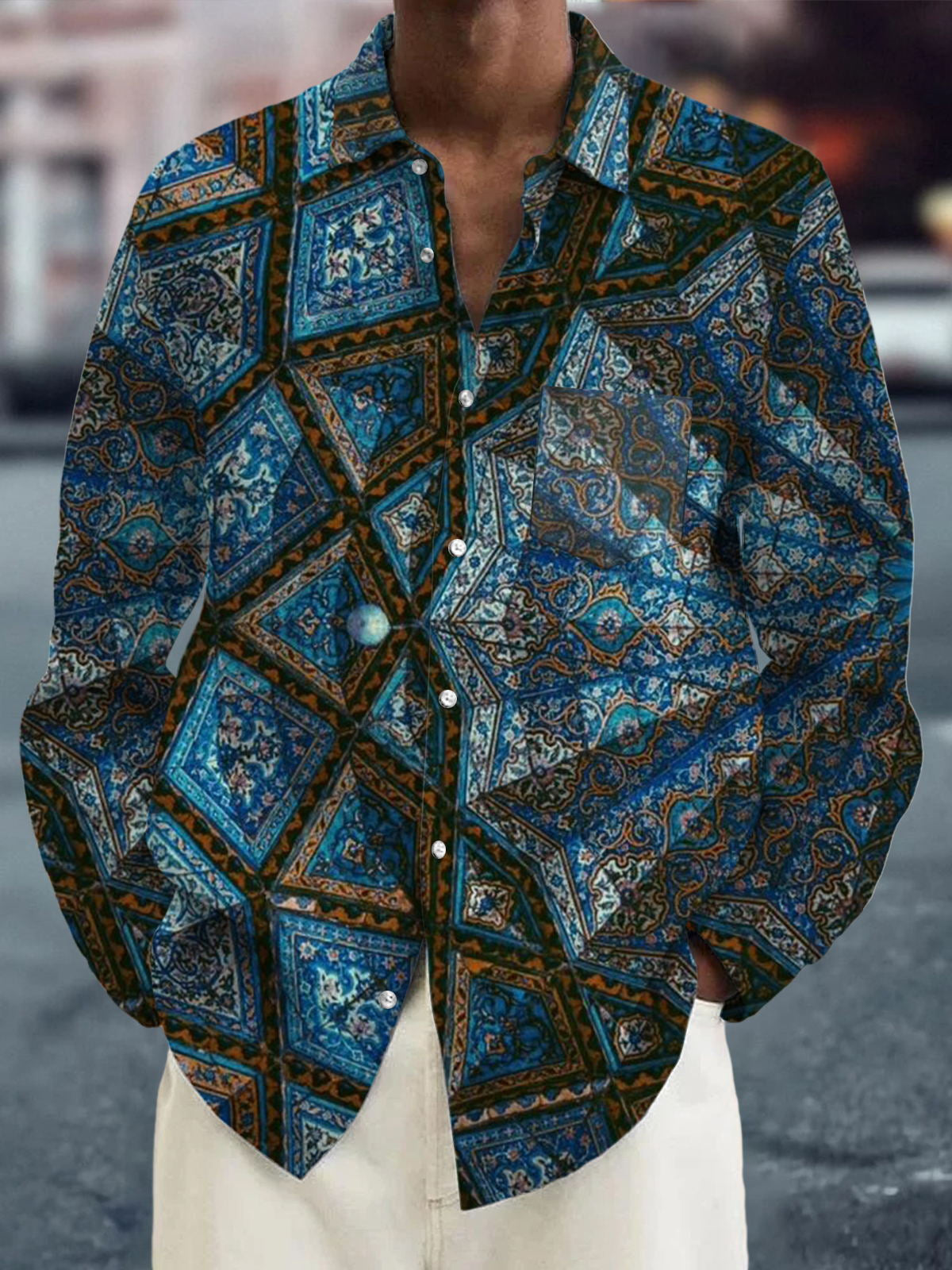 Retro Ethnic Print Long Sleeve Men's Shirts With Pocket