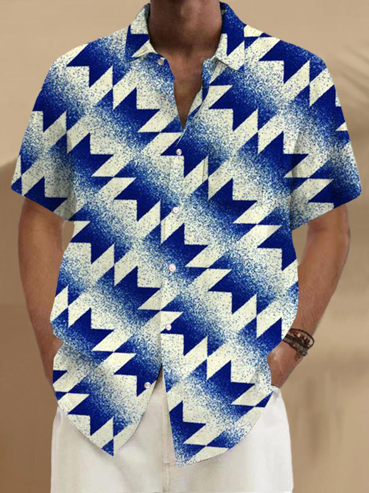 Geometric Gradient Print Short Sleeve Men's Shirts With Pocket