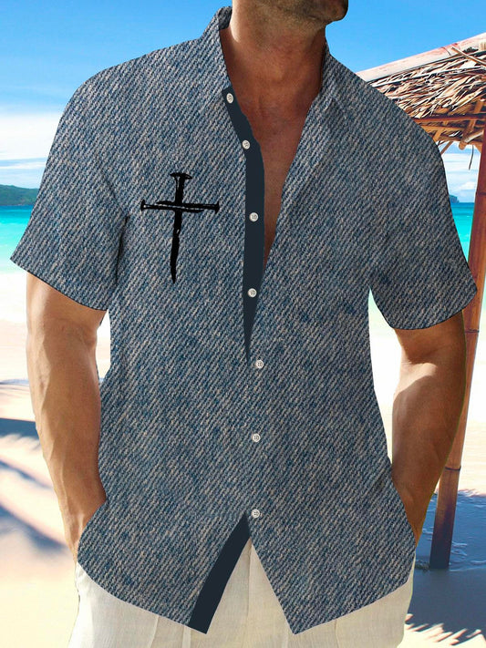 Easter Cross Linen Short Sleeve Men's Shirts With Pocket