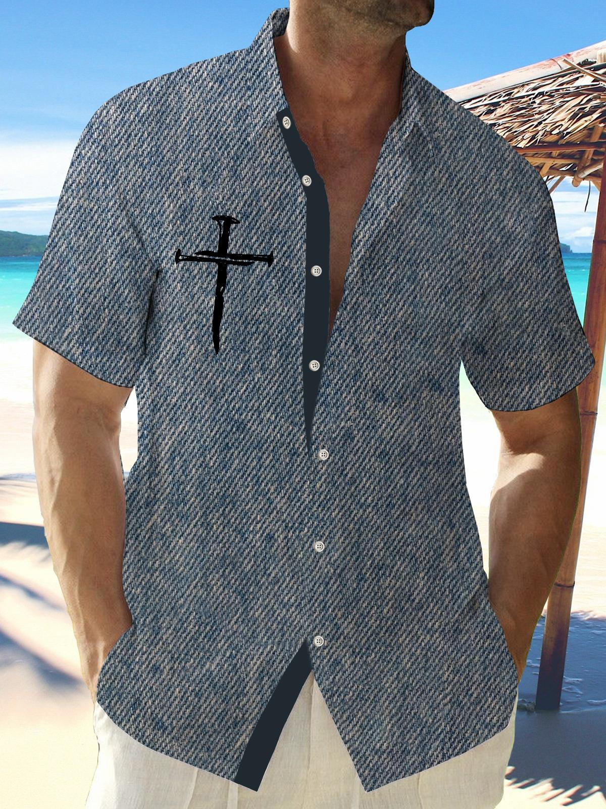 Easter Cross Linen Short Sleeve Men's Shirts With Pocket