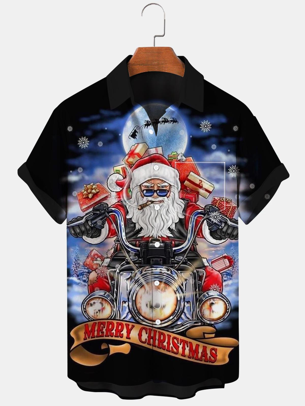 Santa Claus Motorcycle Short Sleeve Men's Shirts With Pocket