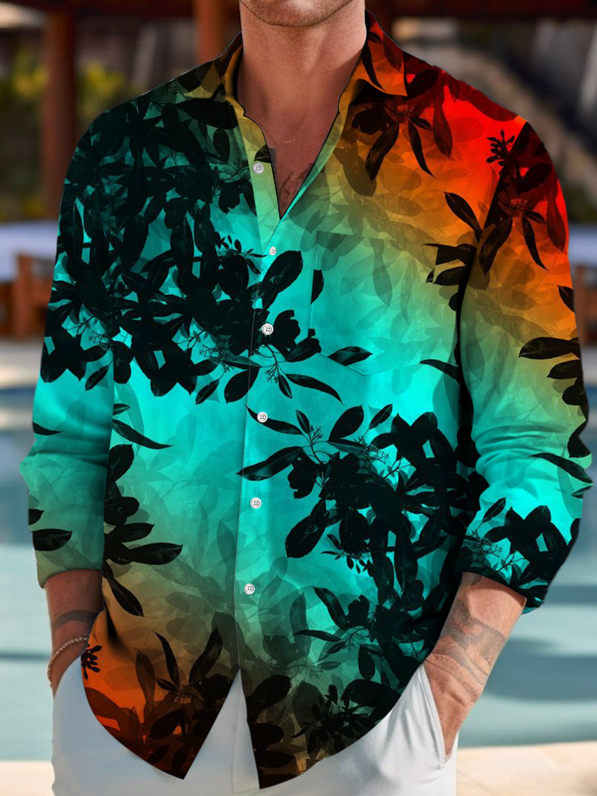 Colorful Leaf Print Long Sleeve Men's Shirts With Pocket