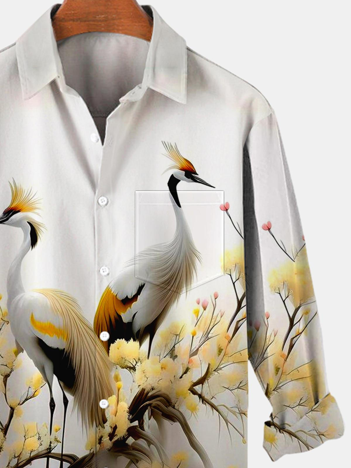 White Crane Flower Long Sleeve Men's Shirts With Pocket