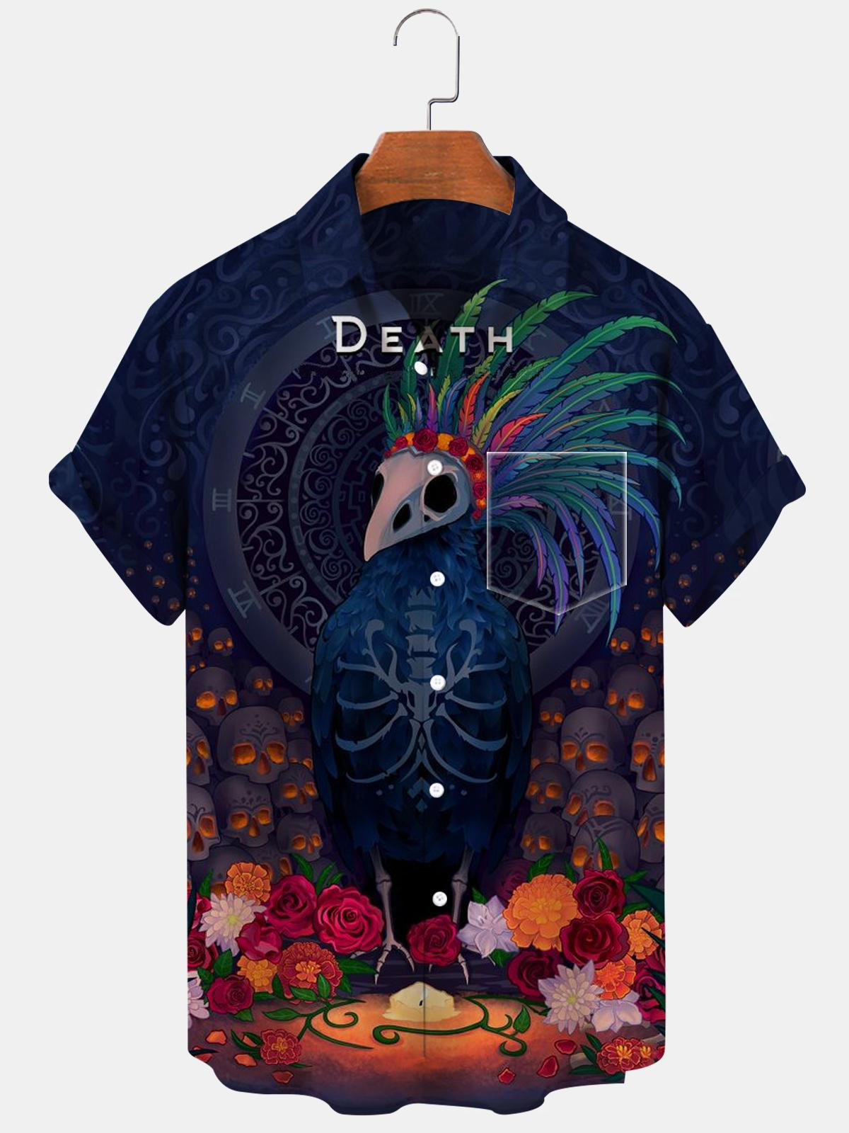 Darkness Skull Bird Short Sleeve Men's Shirts With Pocket