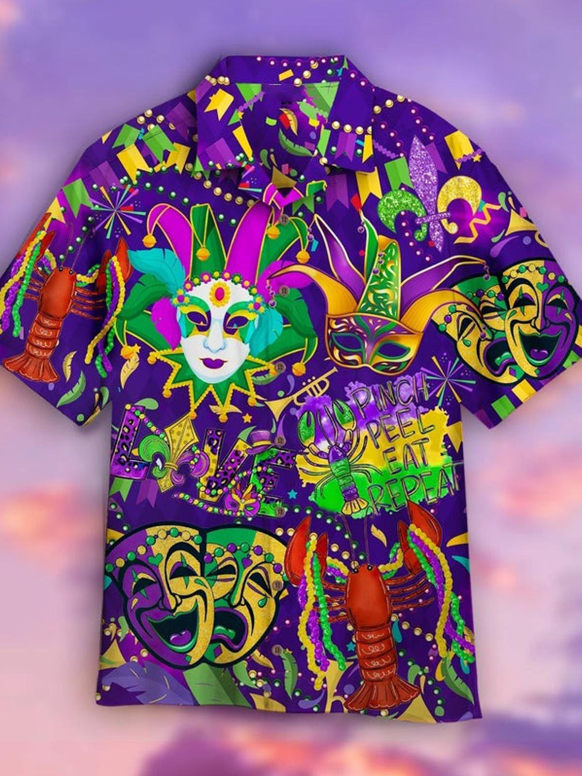 Mardi Gras Hawaiian Men's Cuban Collar Short Sleeve Shirt