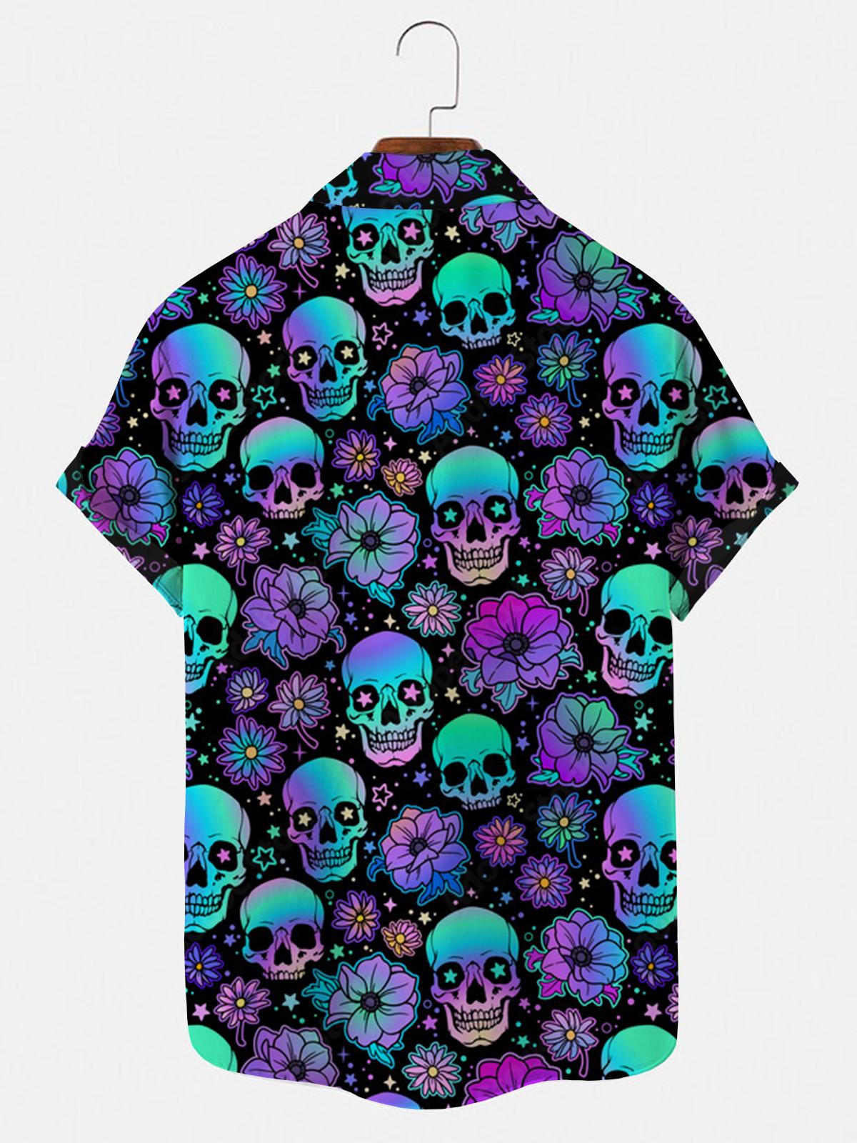 Skull Flower Short Sleeve Men's Shirts With Pocket