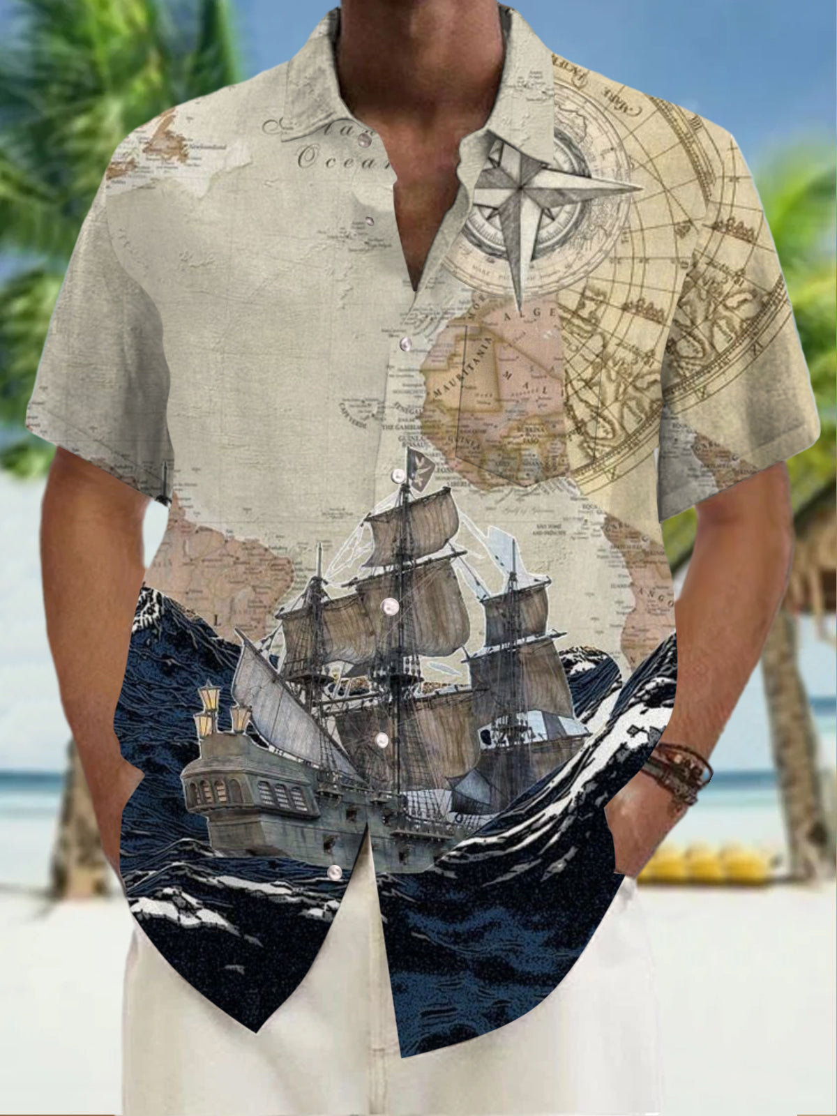 Sailing Compass Print Short Sleeve Men's Shirts With Pocket